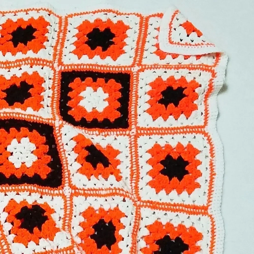 VINTAGE Granny Square Handmade Orange Afghan Throw
